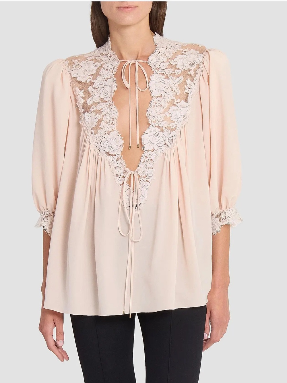 Chloe Pale Blush Lace-Trim Tie-Neck Peasant Blouse